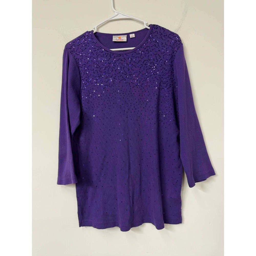 Quacker Factory Womens M Purple Ribbed Sequin Top 3/4 Sleeve Cotton A96058